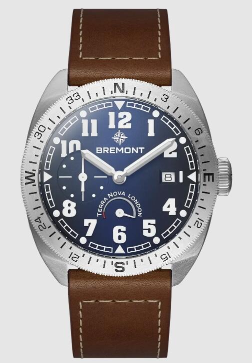 Best Bremont Terra Nova 40.5 Turning Bezel Power Reserve Blue Dial Brown leather strap Replica Watch
